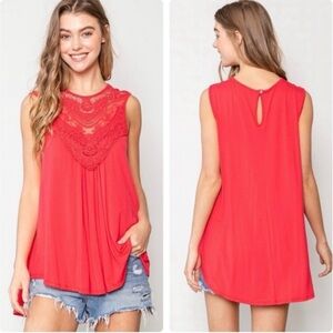 CY FASHION Crochet Lace Detail Tank Top with Back Keyhole SZ S